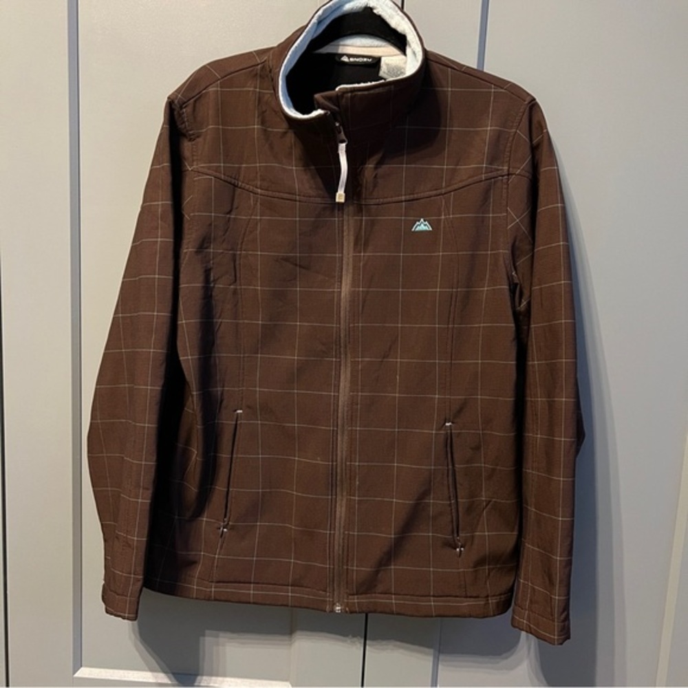 Snozu Women's Brown Windowpane Plaid Fleece Lined Softshell Jacket size xl
